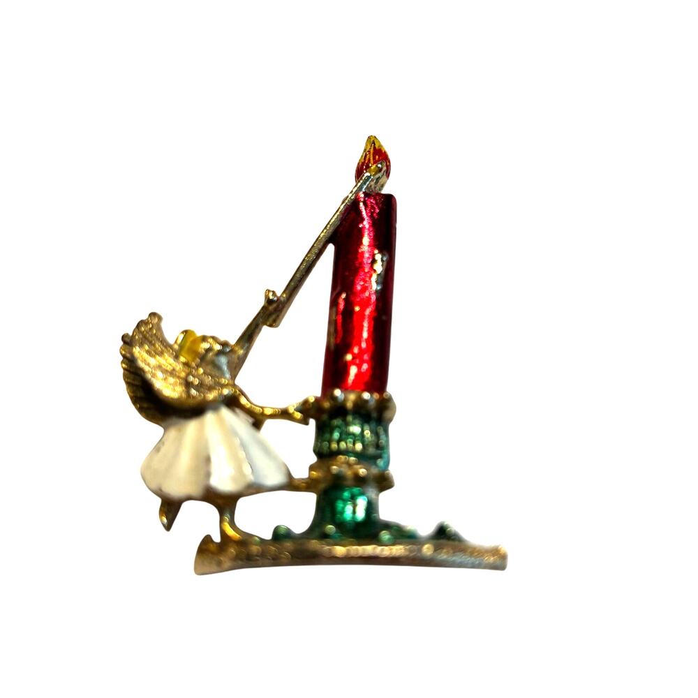 Vintage Christmas Angel brooch red enamel candle motif festive holiday pin